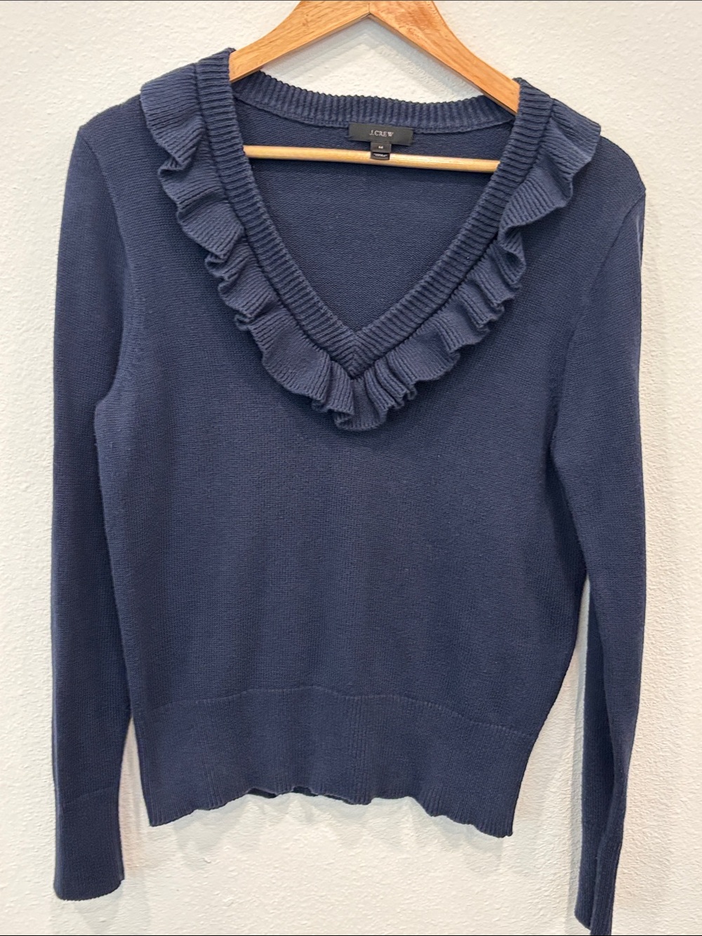 J. Crew Women Cotton Merino Wool Blend Navy Ruffle V-Neck Sweater Size M